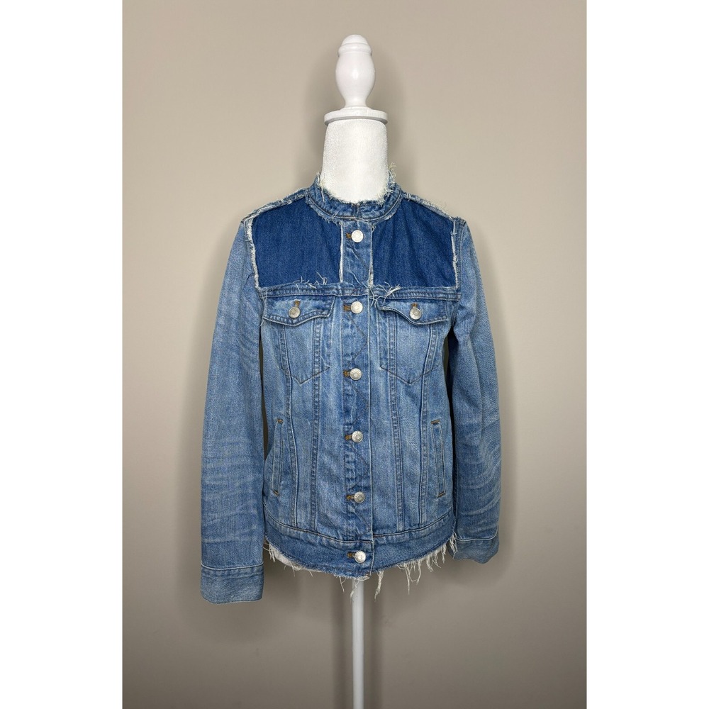 Madewell‎ Distressed Denim Collarless Jacket Raw Hem Thunder Cloud Size Medium